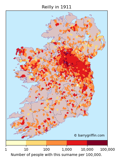 REILLY surname distribution map Ireland 1911 census