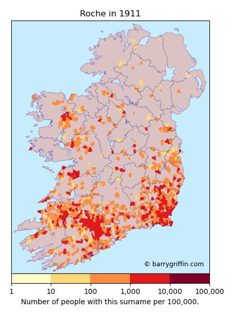 ROCHE surname distribution map Ireland 1911 census