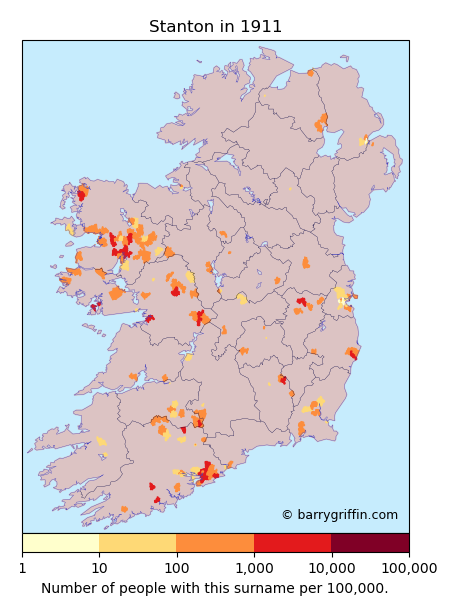 STANTON Surname Map in Ireland in 1911