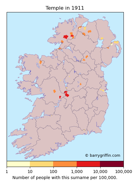 TEMPLE Surname Map in Irish in 1911
