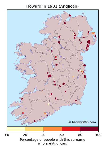 HOWARD Anglican Surname Map in 1901