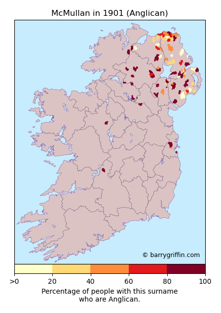 MACMULLAN Anglican Surname Map in 1901}
