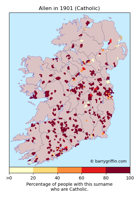 ALLEN Catholic Surname Map in 1901}