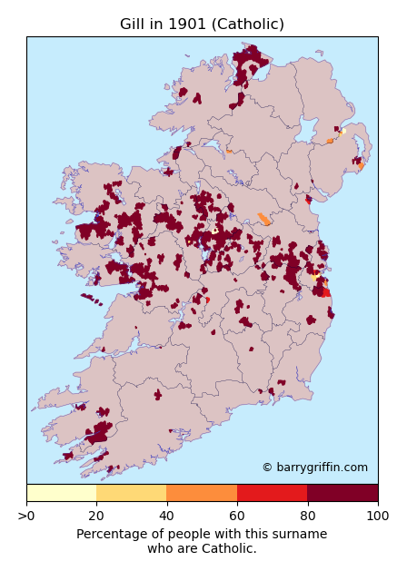GILL Catholic Surname Map in 1901