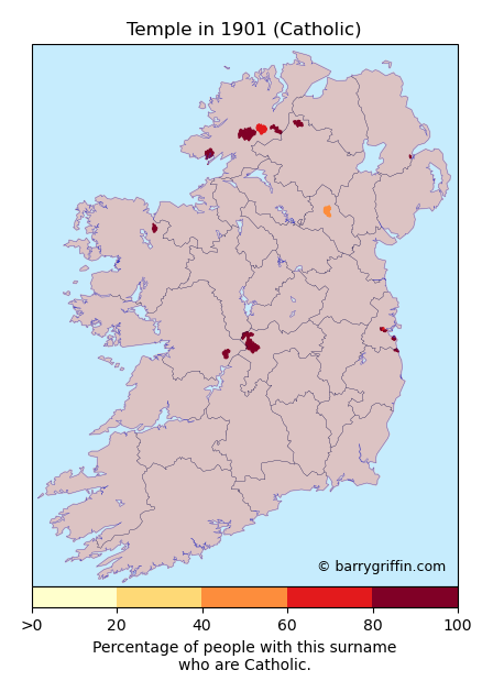 TEMPLE Catholic Surname Map in 1901}