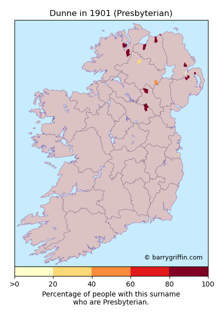 DUNNE Presbyterian Surname Map in 1901}