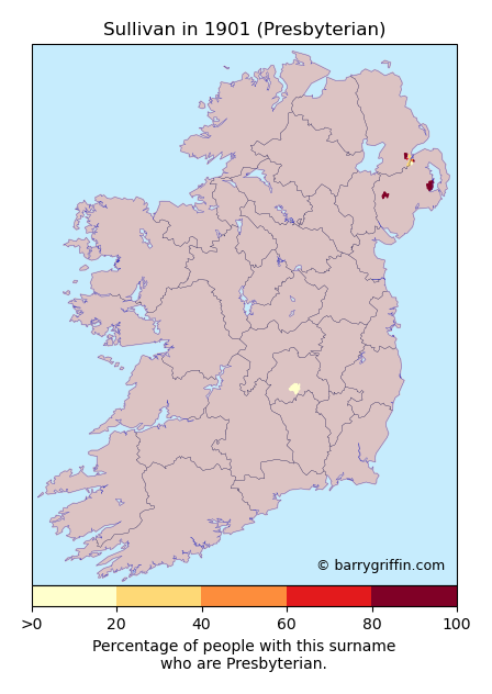 SULLIVAN Presbyterian Surname Map in 1901}