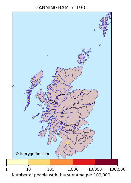 CANNINGHAM Surname Map in Scotland in 1901