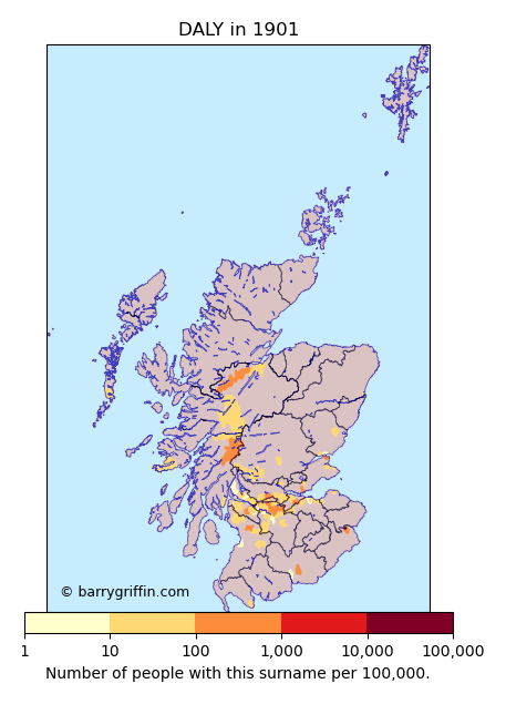 DALY Surname Map in Scotland in 1901