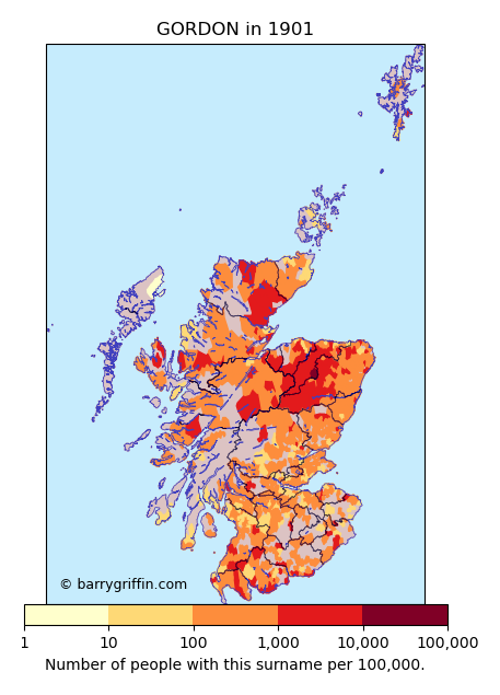 GORDON Surname Map in Scotland in 1901