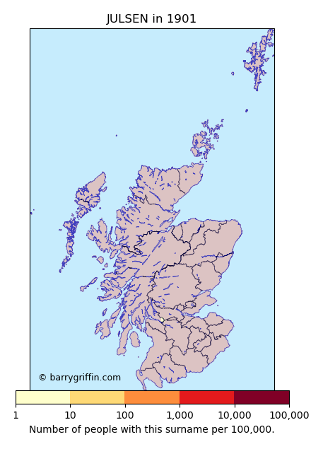JULSEN Surname Map in Scotland in 1901