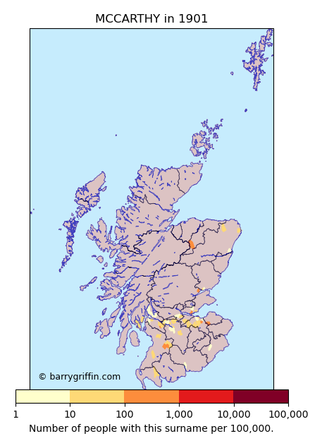 MACCARTHY Surname Map in Scotland in 1901