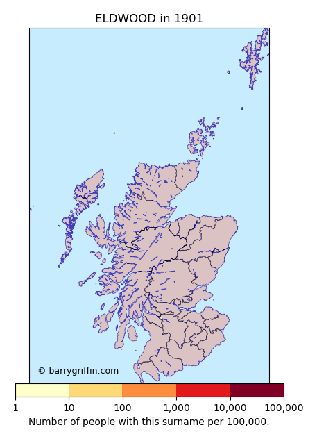 ELDWOOD Surname Map in Scotland in 1901