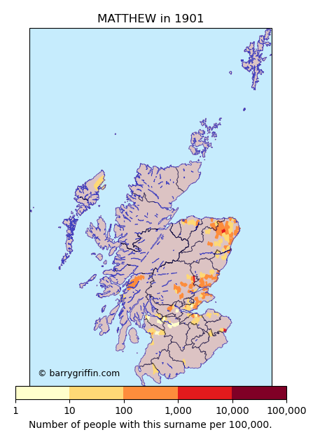 MATTHEW Surname Map in Scotland in 1901